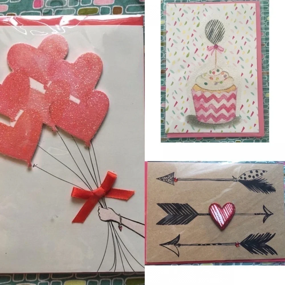 3 Greeting Cards Handmade Blank Envelopes Glitter Balloons Ribbon Cupcake Arrows